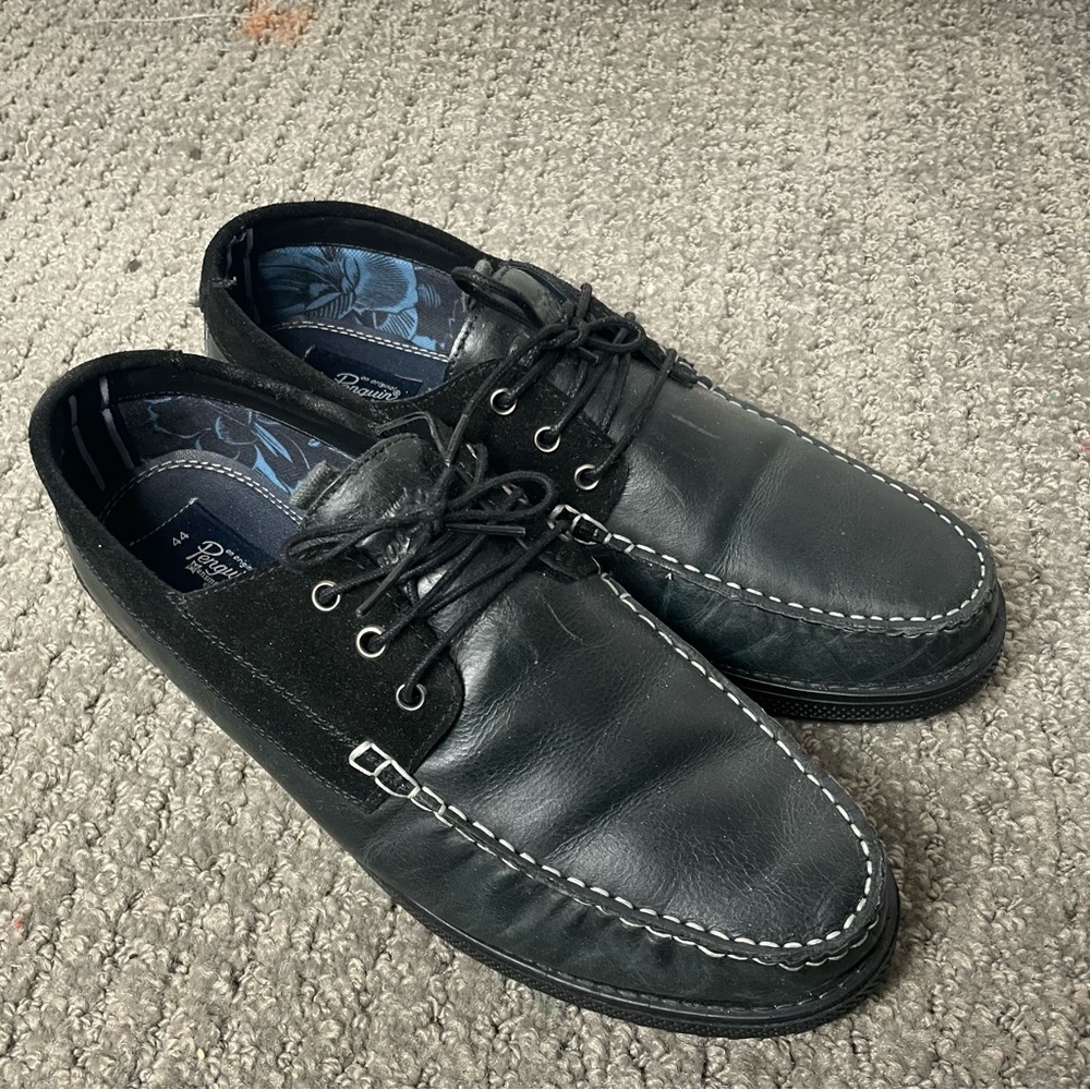 🐧 ORIGINAL PENGUIN black leather and suede loafers deck boat shoes US 11